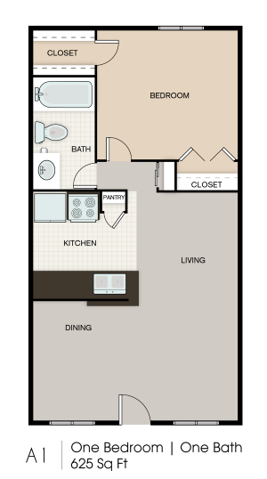 Floor plan for 1 bed, 1 bath, 625 sqft